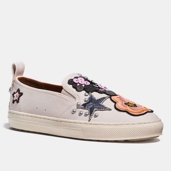 COACH Womens C115 Slip On Sequins and Star Patches Chalk Sneakers - Size 6 B - Picture 3 of 3